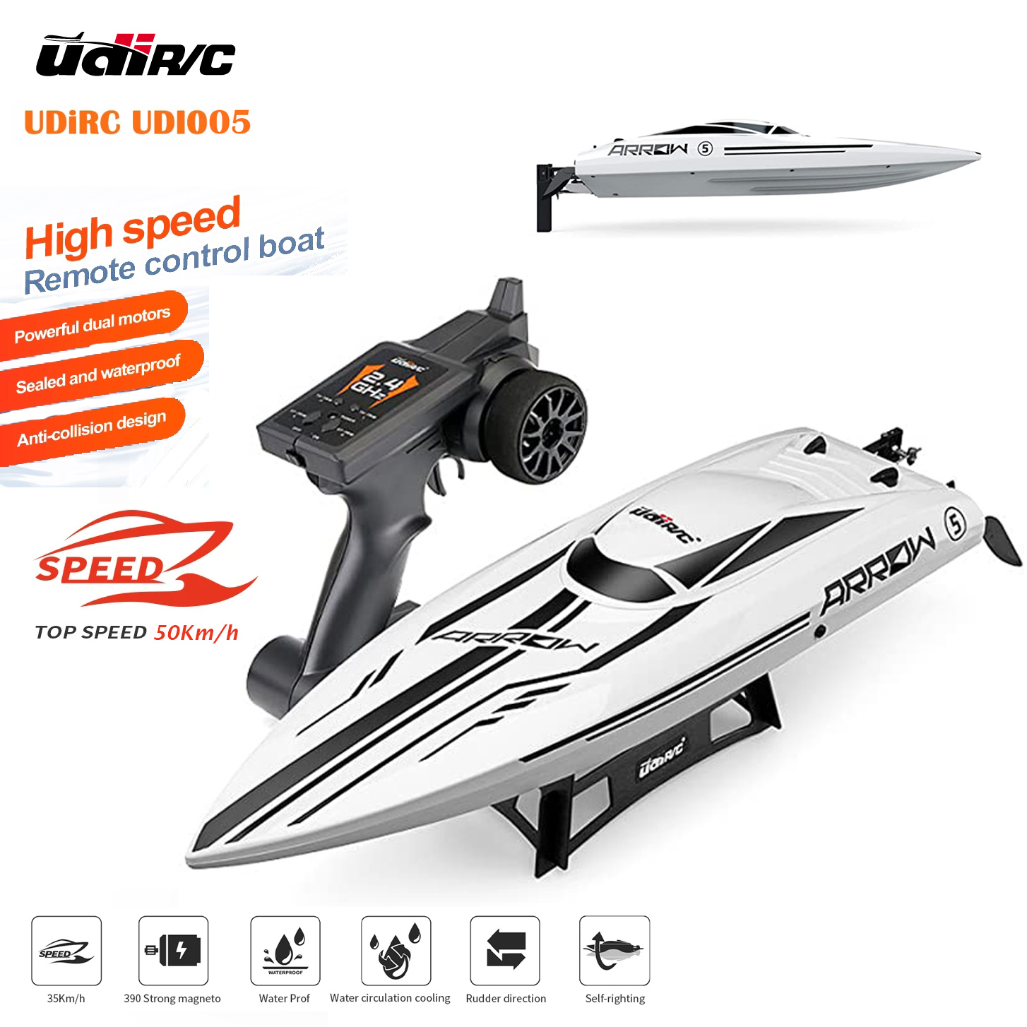 UDiRC UDI005 RC Fishing Boat 50Km/H High Speed Waterproof 2.4GHz Radio Control Boat Brushless Pvc Boat Toys Gift for Kids
