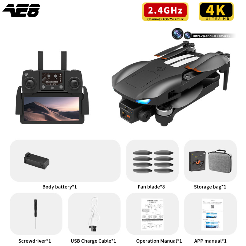AE8 Pro Max Obstacle Avoidance Drone GPS Positioning Drone Brushless Motor Quadcopter 8K HD Aerial Photography RC Airplane ToyType:Gray