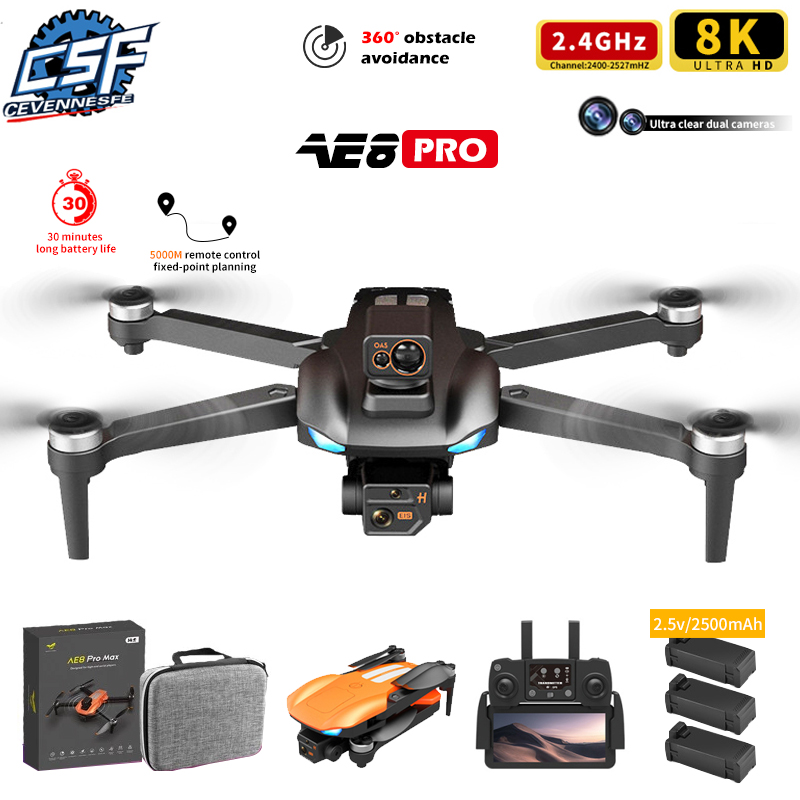 AE8 Pro Max Obstacle Avoidance Drone GPS Positioning Drone Brushless Motor Quadcopter 8K HD Aerial Photography RC Airplane Toy
