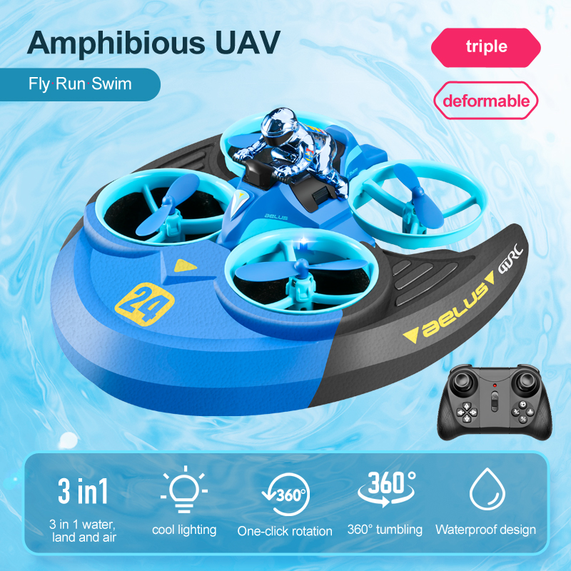 V24 Mini Drone 3 In 1 RC Drone Hovercraft Air Flight/Land/Water Driving Quadcopter Children Outdoor Remote Control Airplane ToyType:Gray