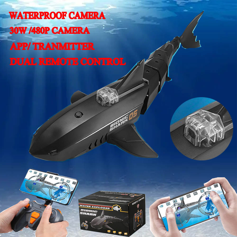 RC submarine Camera 30W HD RC Remote Control Electric Shark Simulation fish Toy Animals Pool Toys Kids Boys Children Sharks boat
