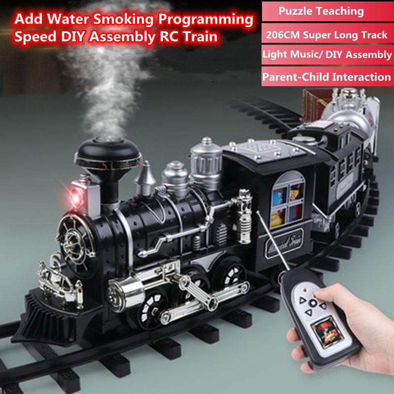 206CM Super Track Remote Control Train Add Water Smoke Light Music Puzzle Teaching Parent-Child Interaction DIY Assembly RC Toy