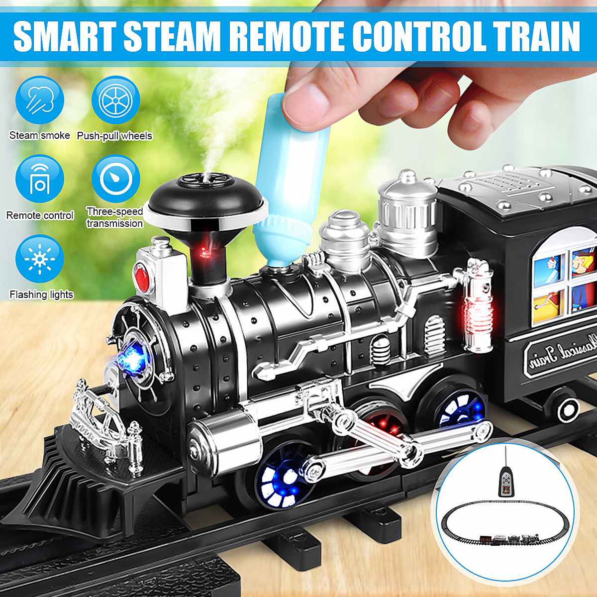 Electric Simulation Train Mode Toy Battery Operated Railway Classic Freight RC Train Water Steam Locomotive Playset with Smoke