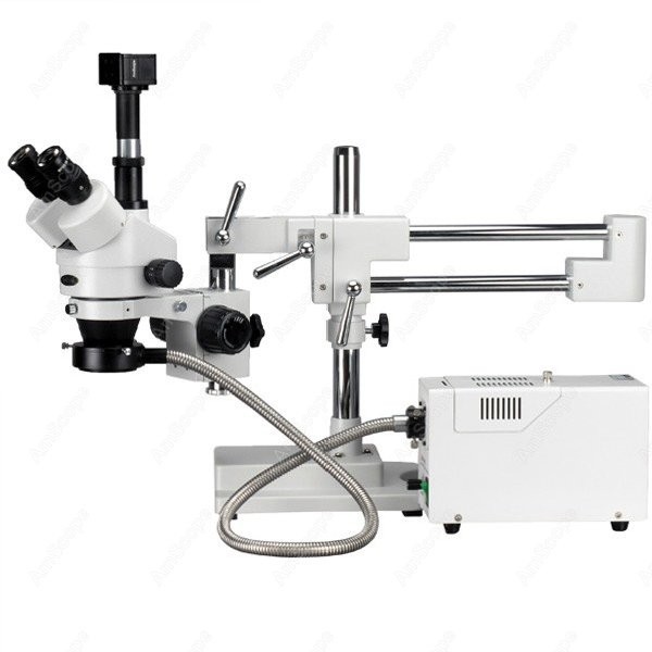 Simul-Focal Trinocular Microscopy--AmScope Supplies 3.5X-90X Simul-Focal Trinocular Boom Microscopy System + 3MP Digital Camera